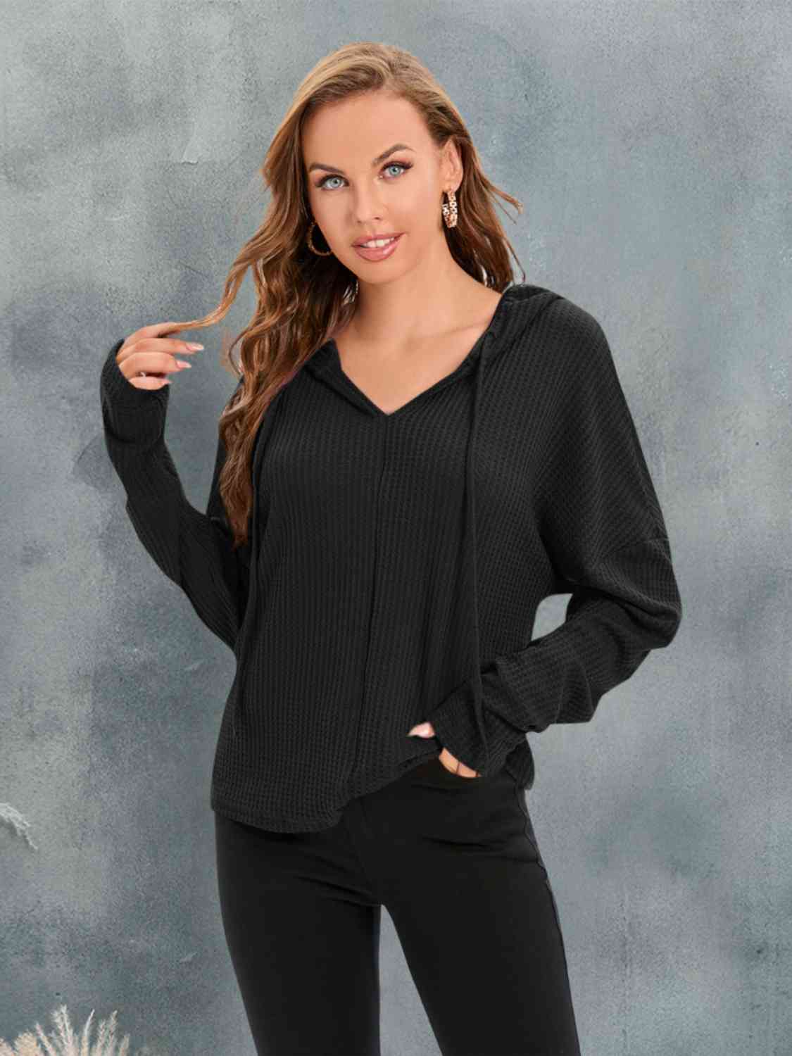 Waffle-Knit Drawstring Drop Shoulder Hoodie - Image 10