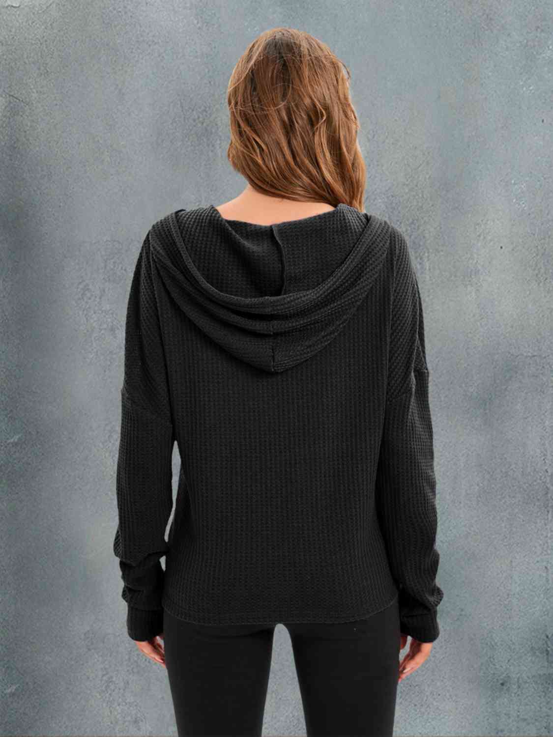 Waffle-Knit Drawstring Drop Shoulder Hoodie - Image 11