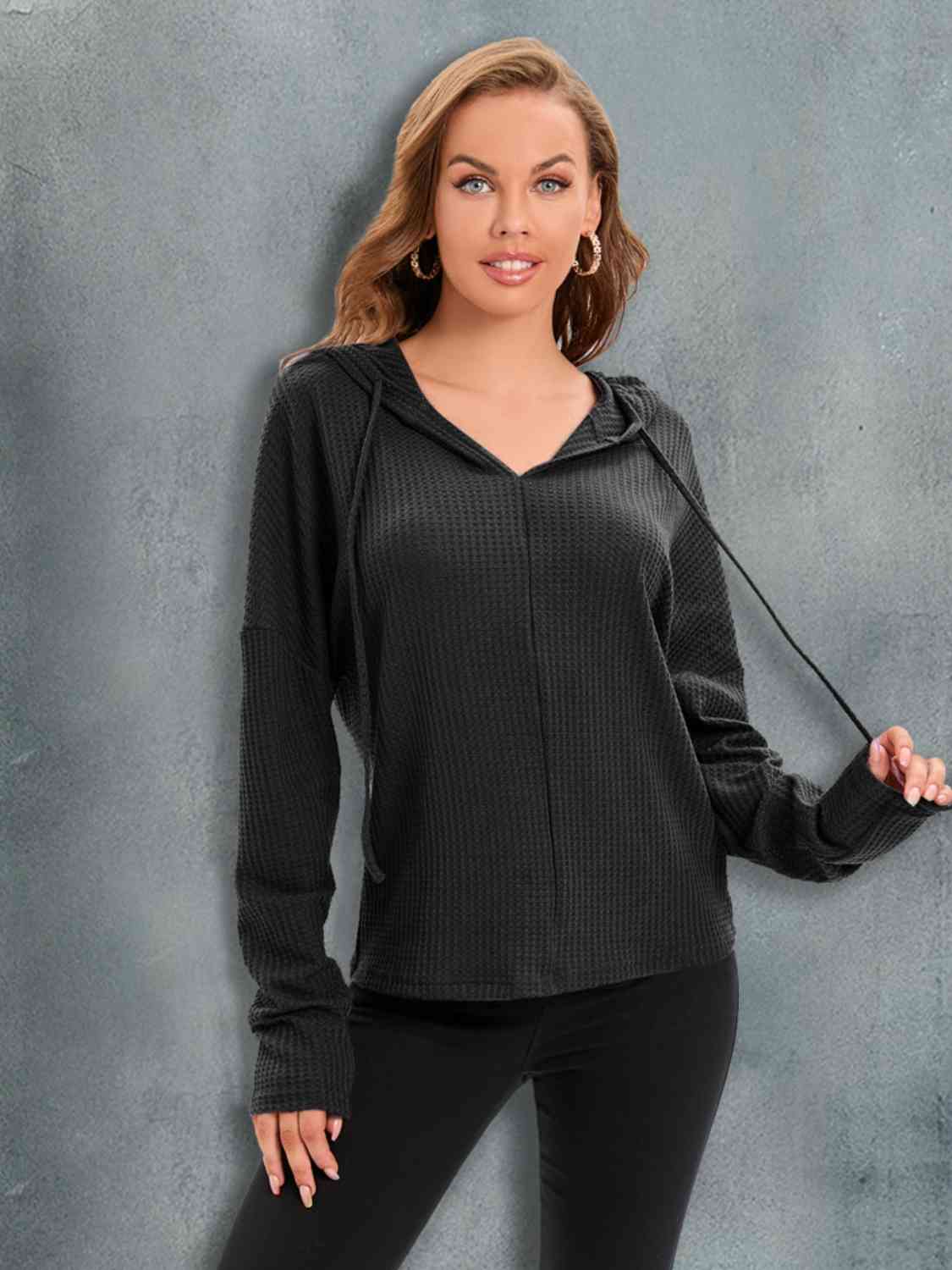 Waffle-Knit Drawstring Drop Shoulder Hoodie - Image 12