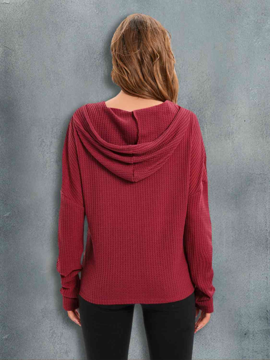 Waffle-Knit Drawstring Drop Shoulder Hoodie - Image 2