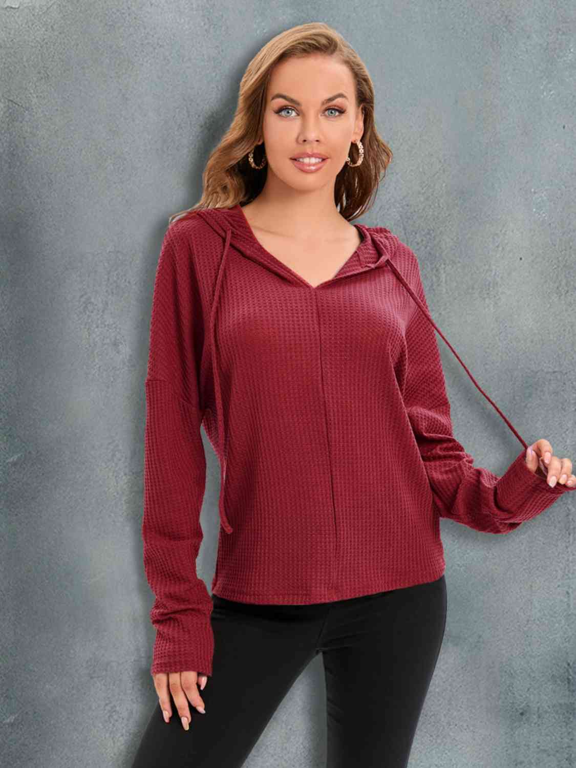 Waffle-Knit Drawstring Drop Shoulder Hoodie - Image 3