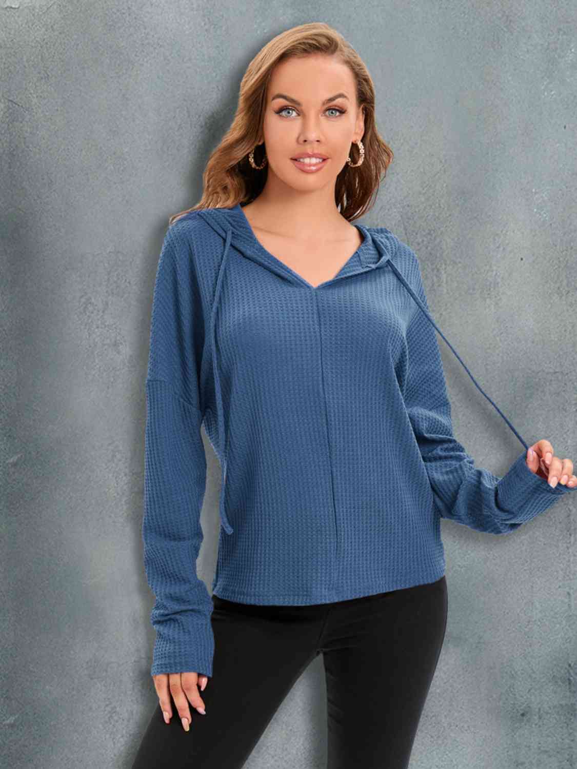 Waffle-Knit Drawstring Drop Shoulder Hoodie - Image 4