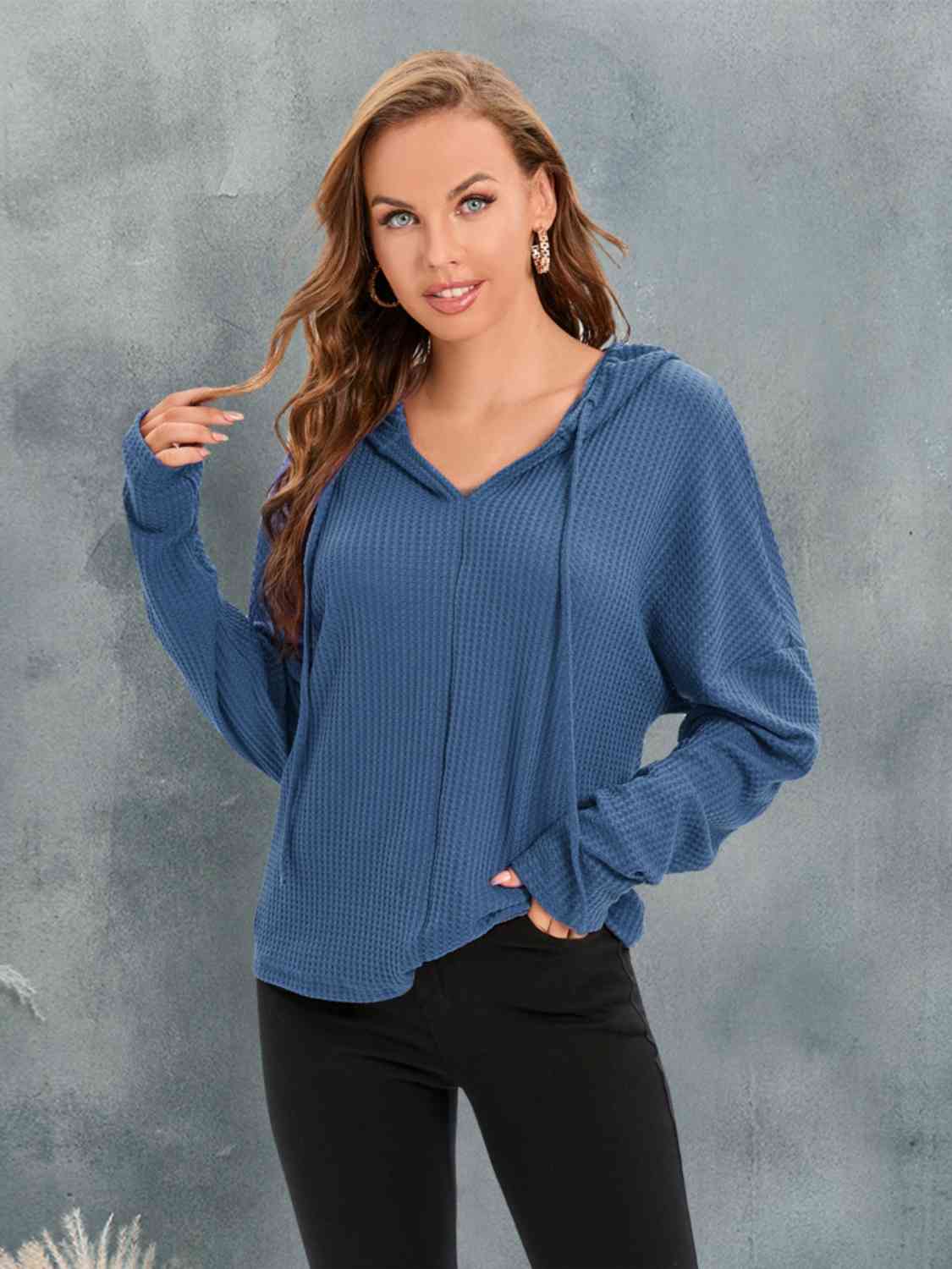 Waffle-Knit Drawstring Drop Shoulder Hoodie - Image 5