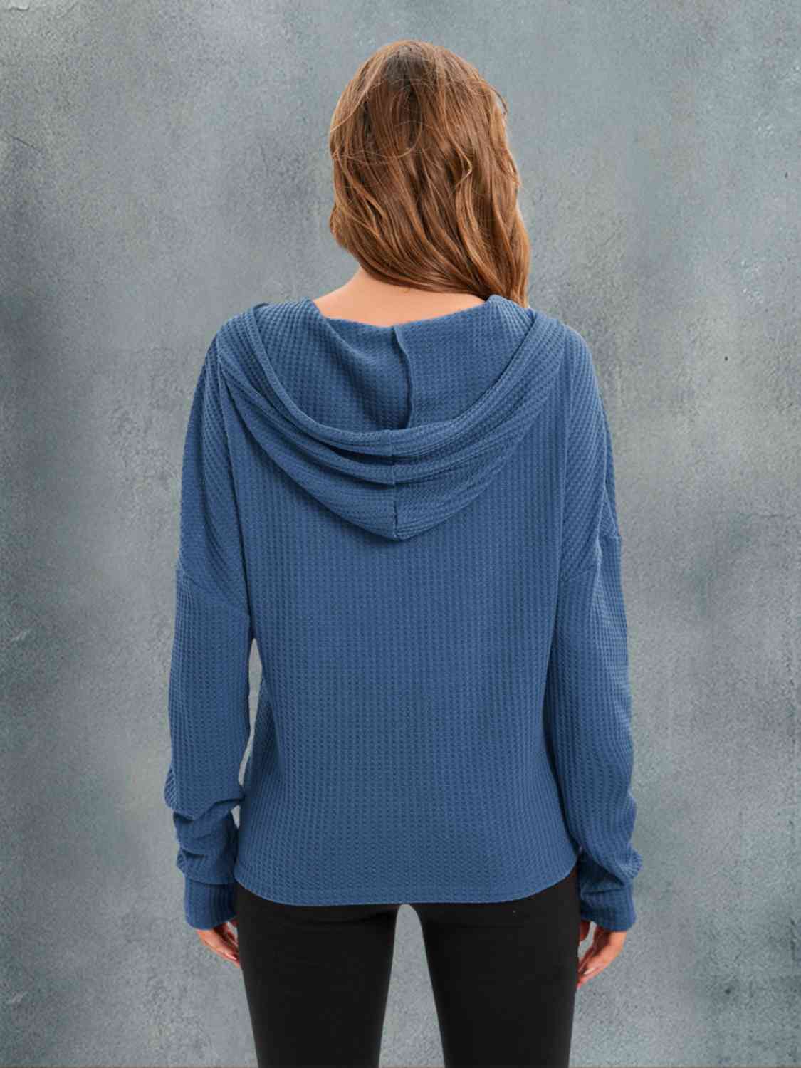 Waffle-Knit Drawstring Drop Shoulder Hoodie - Image 6