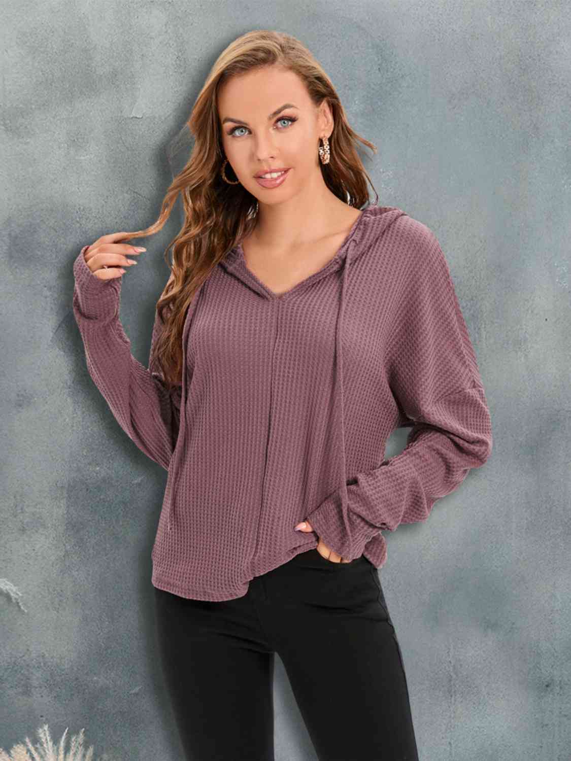 Waffle-Knit Drawstring Drop Shoulder Hoodie - Image 7