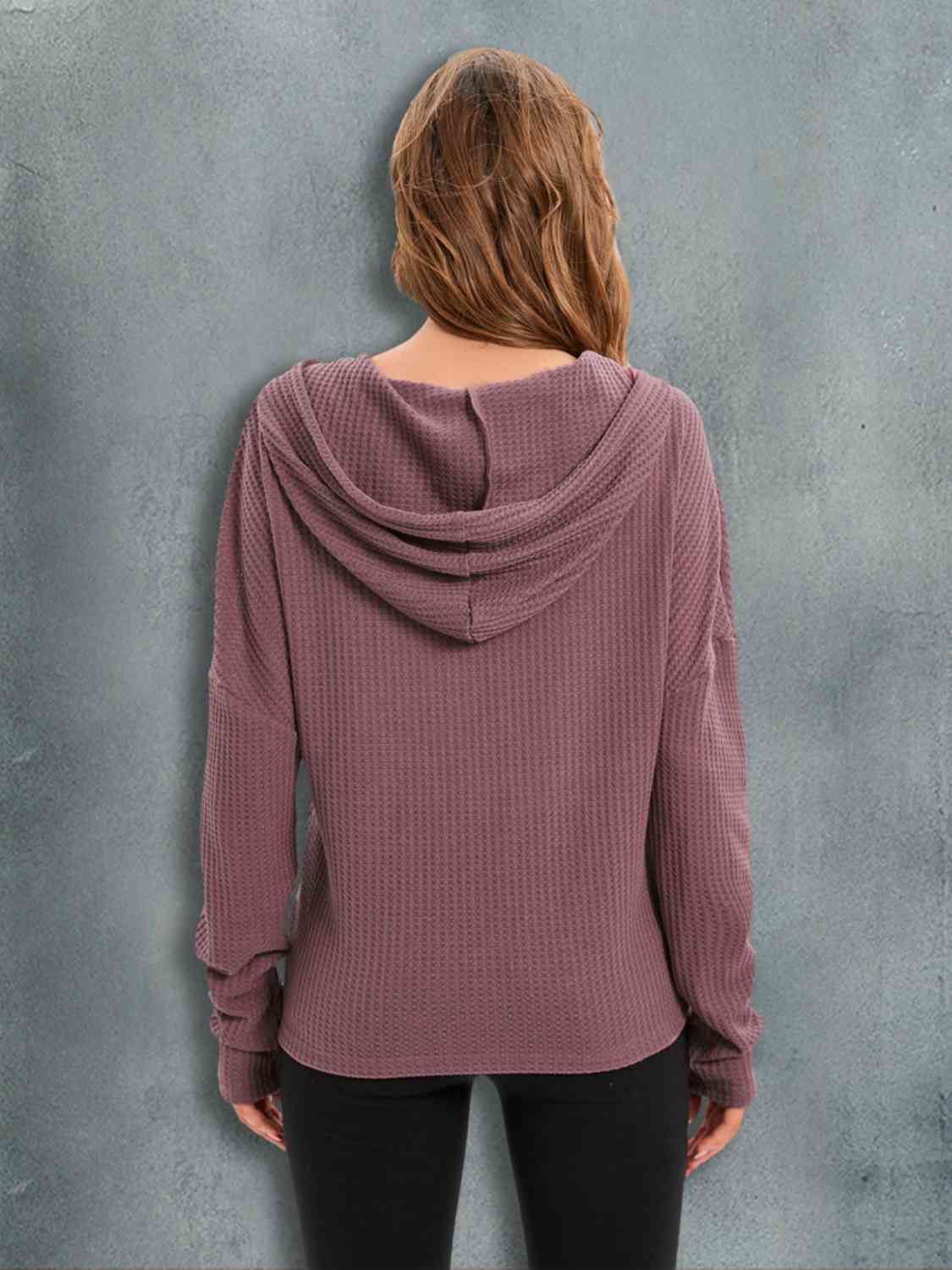 Waffle-Knit Drawstring Drop Shoulder Hoodie - Image 8