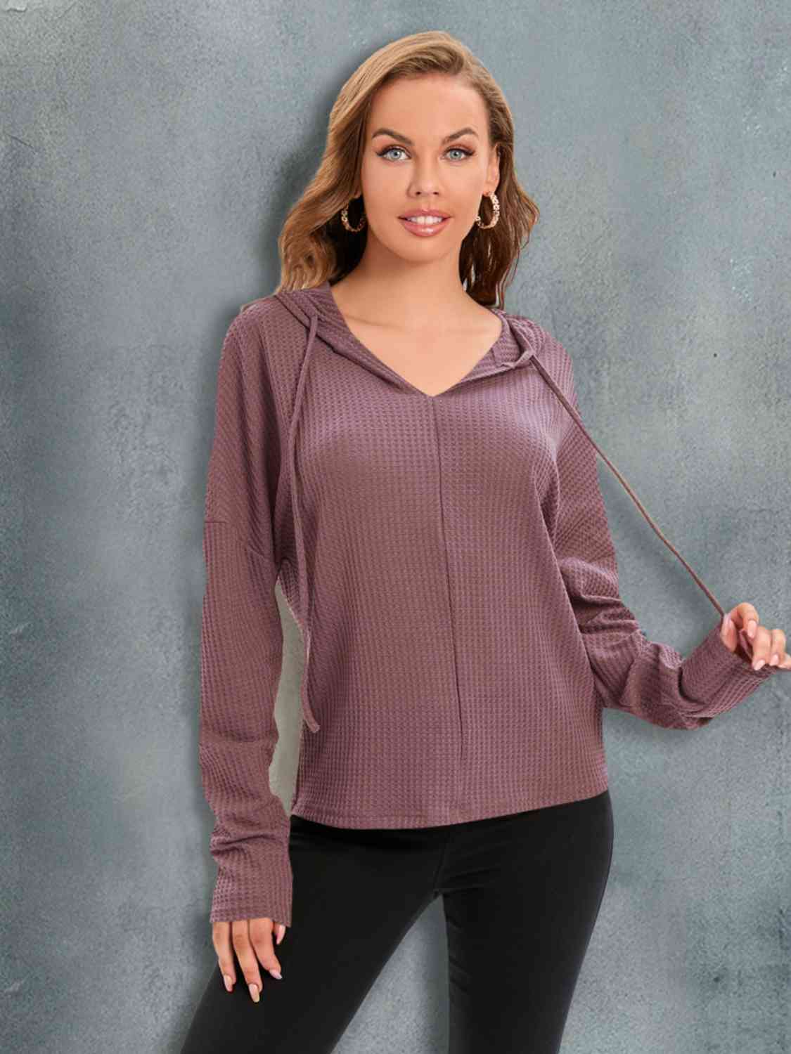 Waffle-Knit Drawstring Drop Shoulder Hoodie - Image 9