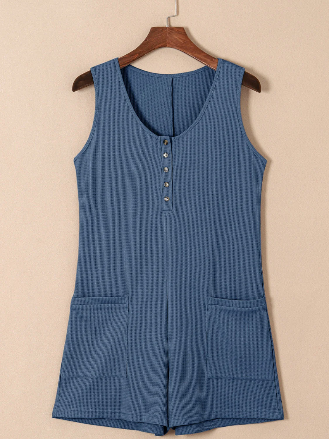 Waffle-Knit Half Button Sleeveless Romper with Pockets - Image 11