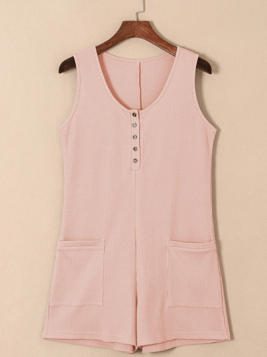 Waffle-Knit Half Button Sleeveless Romper with Pockets - Image 14