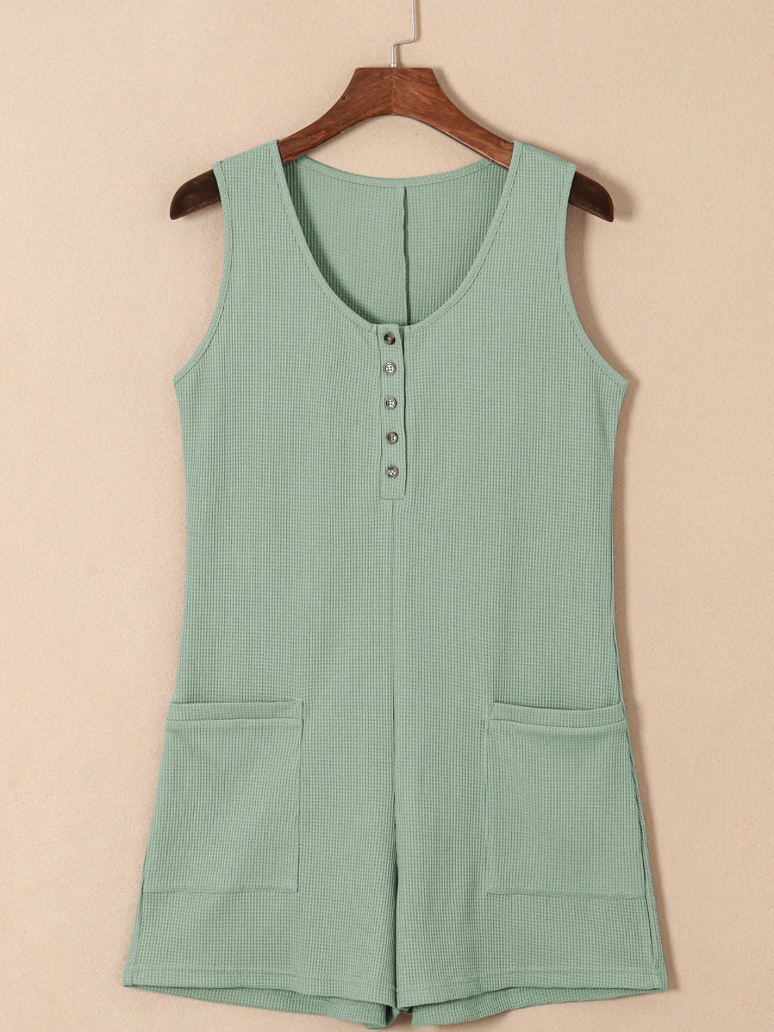 Waffle-Knit Half Button Sleeveless Romper with Pockets - Image 17