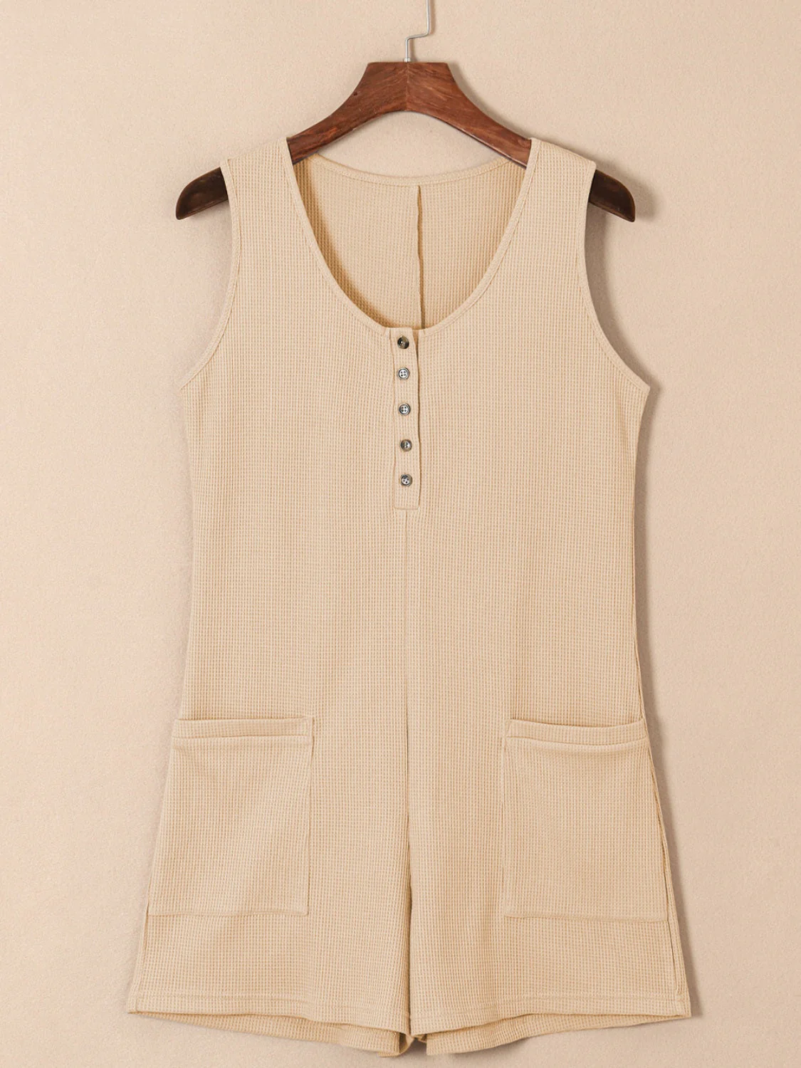 Waffle-Knit Half Button Sleeveless Romper with Pockets - Image 21
