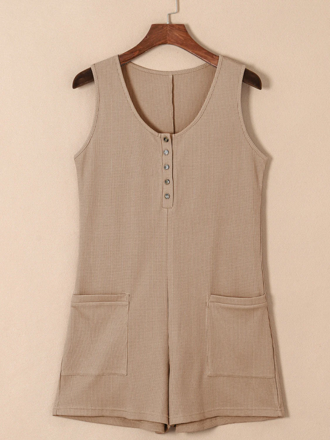 Waffle-Knit Half Button Sleeveless Romper with Pockets - Image 8