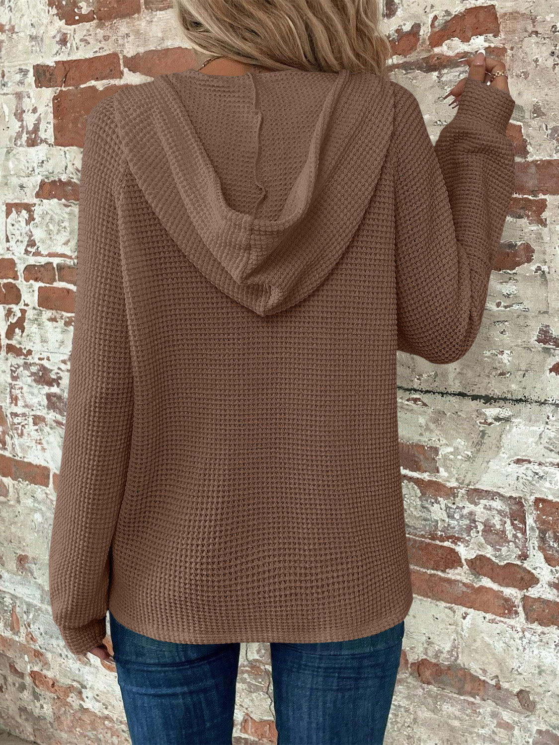 Waffle Knit Long Sleeve Drawstring Hooded Top - Image 10
