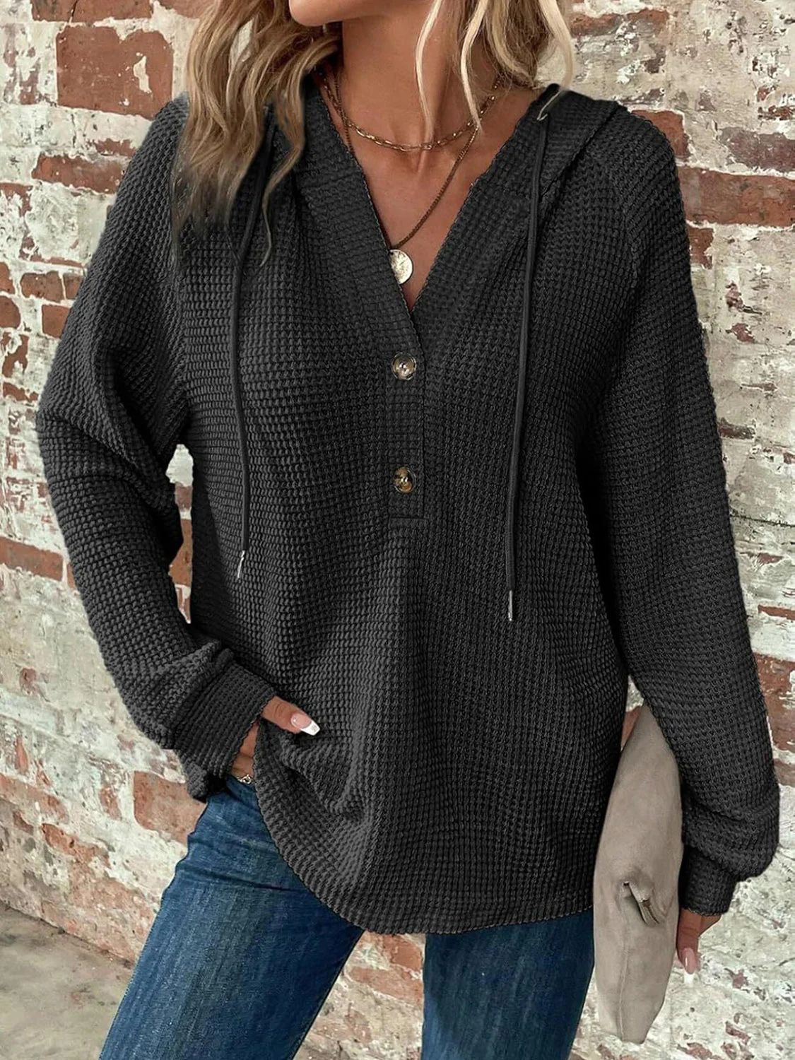Waffle Knit Long Sleeve Drawstring Hooded Top - Image 11