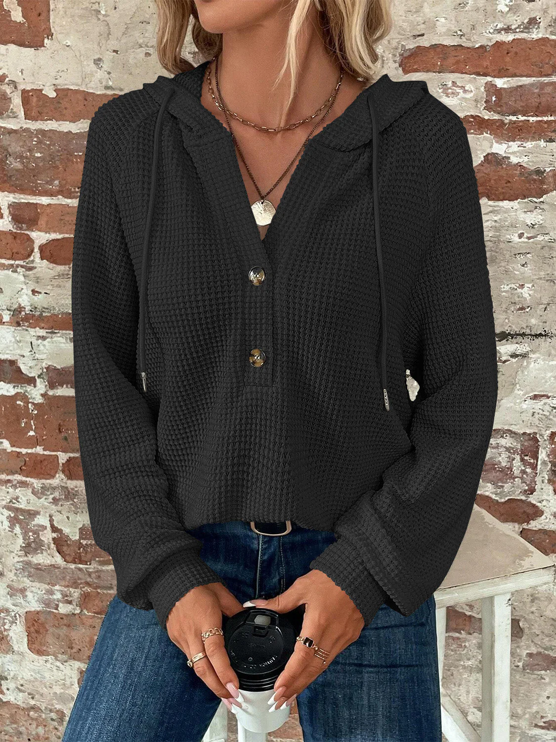 Waffle Knit Long Sleeve Drawstring Hooded Top - Image 12