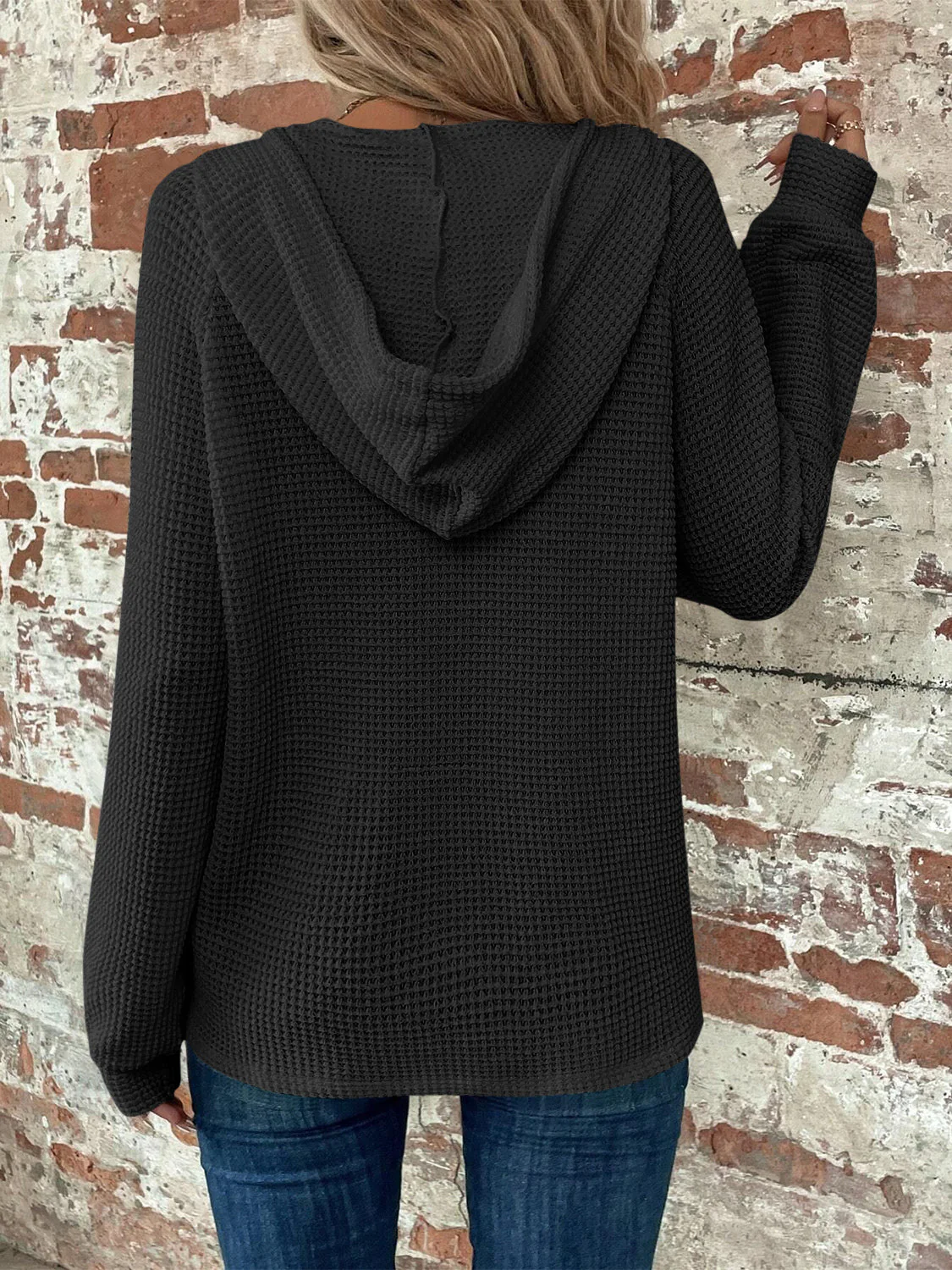 Waffle Knit Long Sleeve Drawstring Hooded Top - Image 13