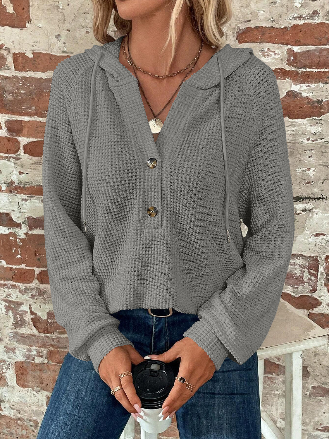 Waffle Knit Long Sleeve Drawstring Hooded Top - Image 14