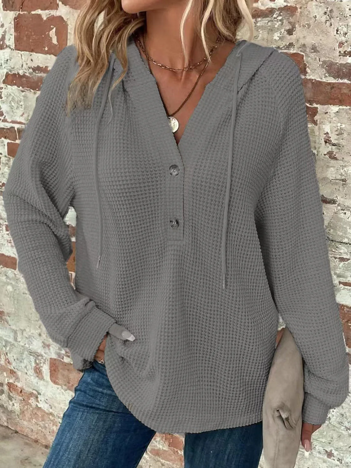Waffle Knit Long Sleeve Drawstring Hooded Top - Image 15