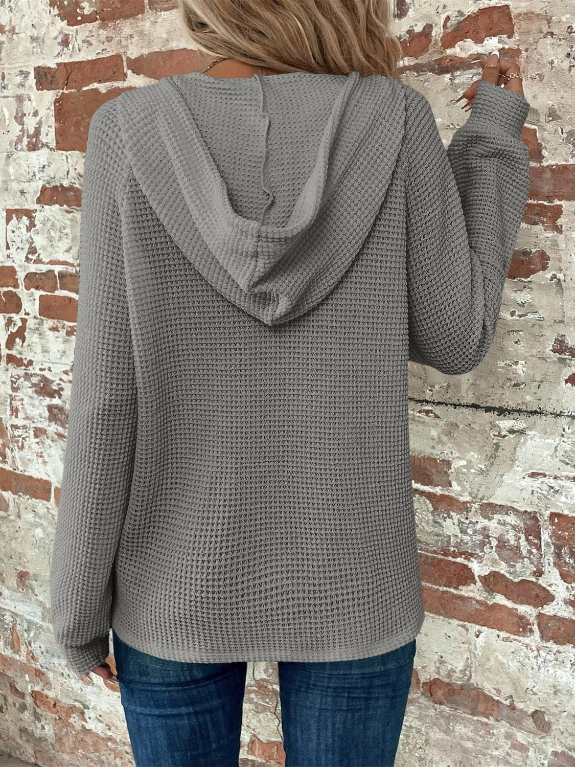 Waffle Knit Long Sleeve Drawstring Hooded Top - Image 16