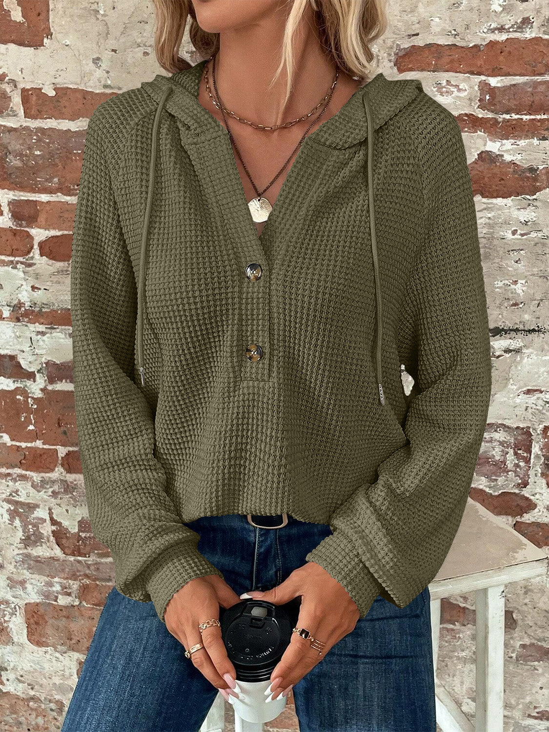 Waffle Knit Long Sleeve Drawstring Hooded Top - Image 17
