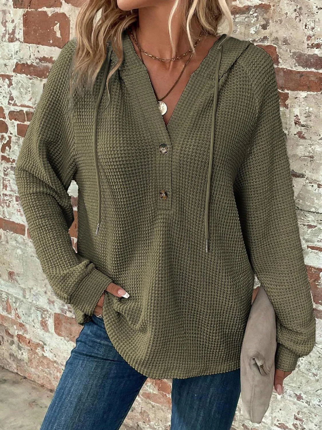Waffle Knit Long Sleeve Drawstring Hooded Top - Image 18