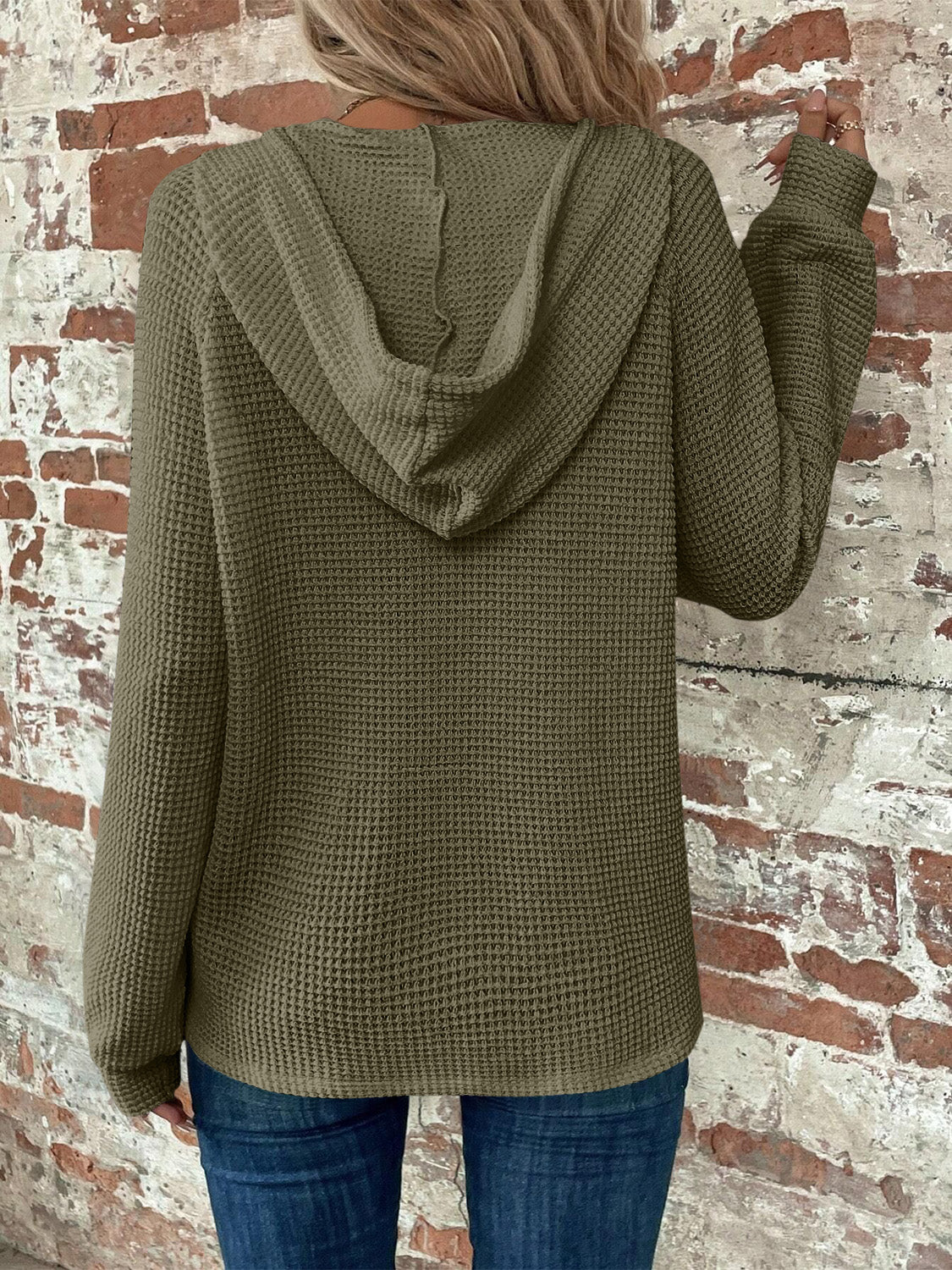 Waffle Knit Long Sleeve Drawstring Hooded Top - Image 19
