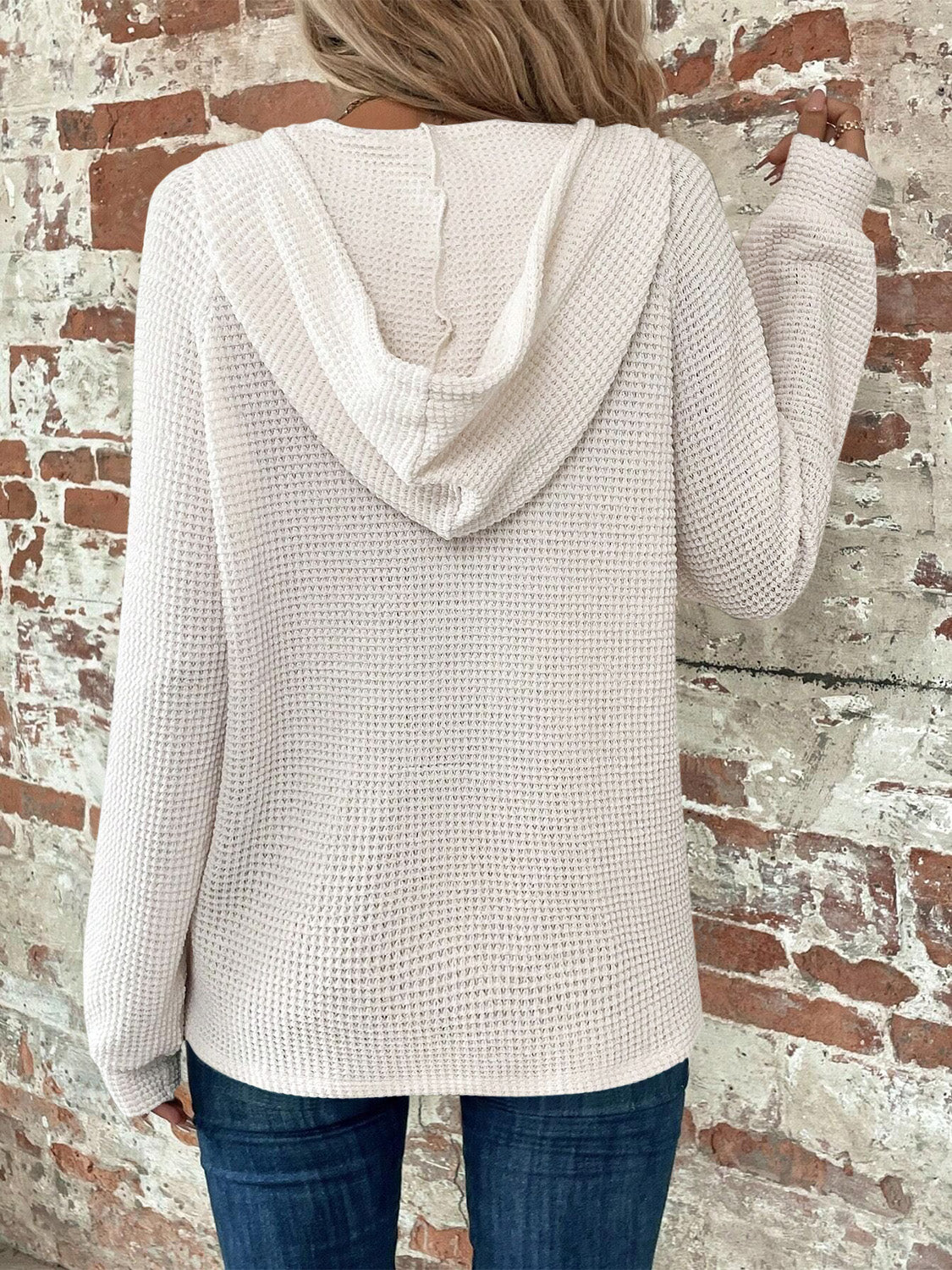 Waffle Knit Long Sleeve Drawstring Hooded Top - Image 2