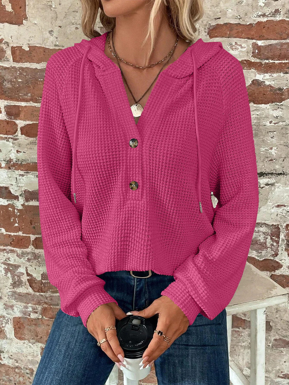 Waffle Knit Long Sleeve Drawstring Hooded Top - Image 20