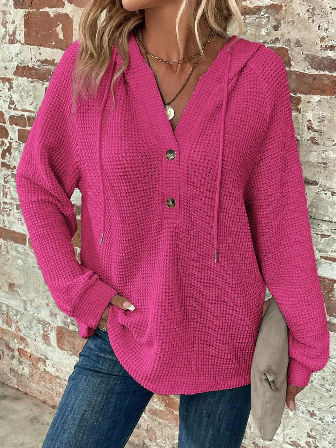 Waffle Knit Long Sleeve Drawstring Hooded Top - Image 21