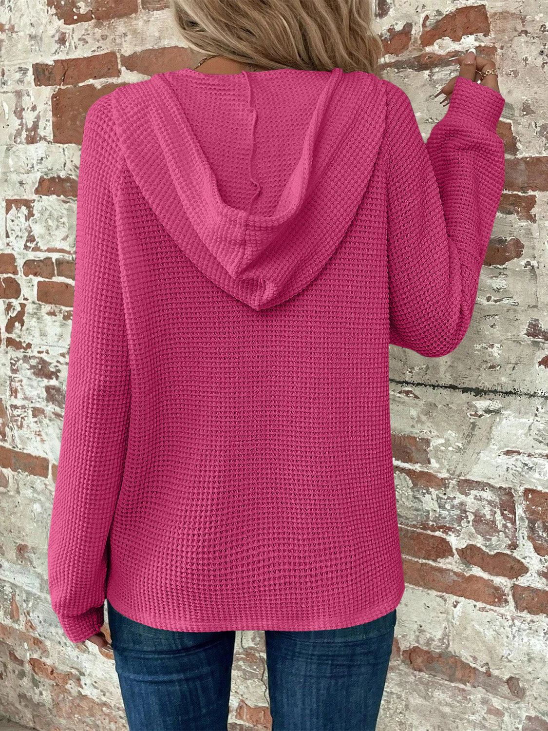Waffle Knit Long Sleeve Drawstring Hooded Top - Image 22