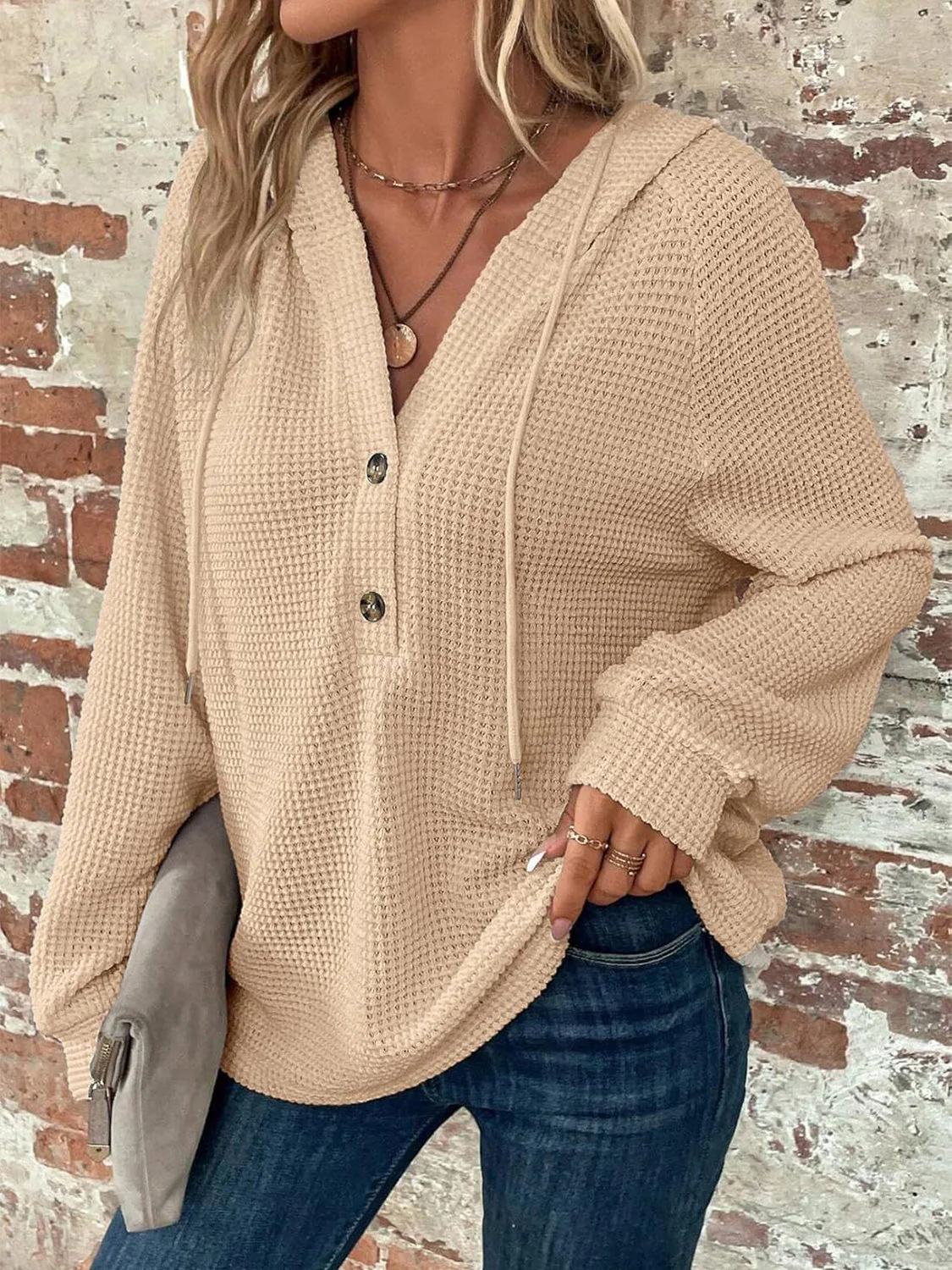 Waffle Knit Long Sleeve Drawstring Hooded Top - Image 23
