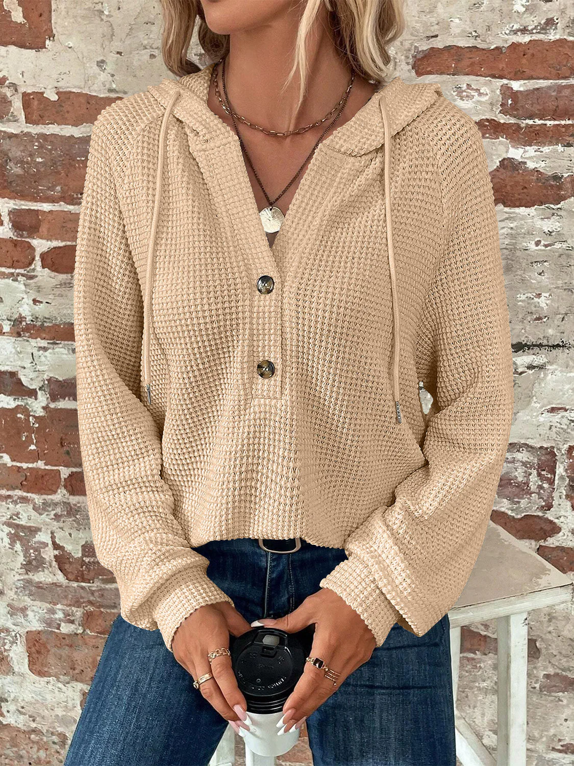 Waffle Knit Long Sleeve Drawstring Hooded Top - Image 24