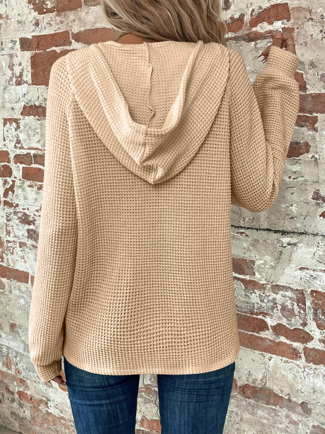 Waffle Knit Long Sleeve Drawstring Hooded Top - Image 25