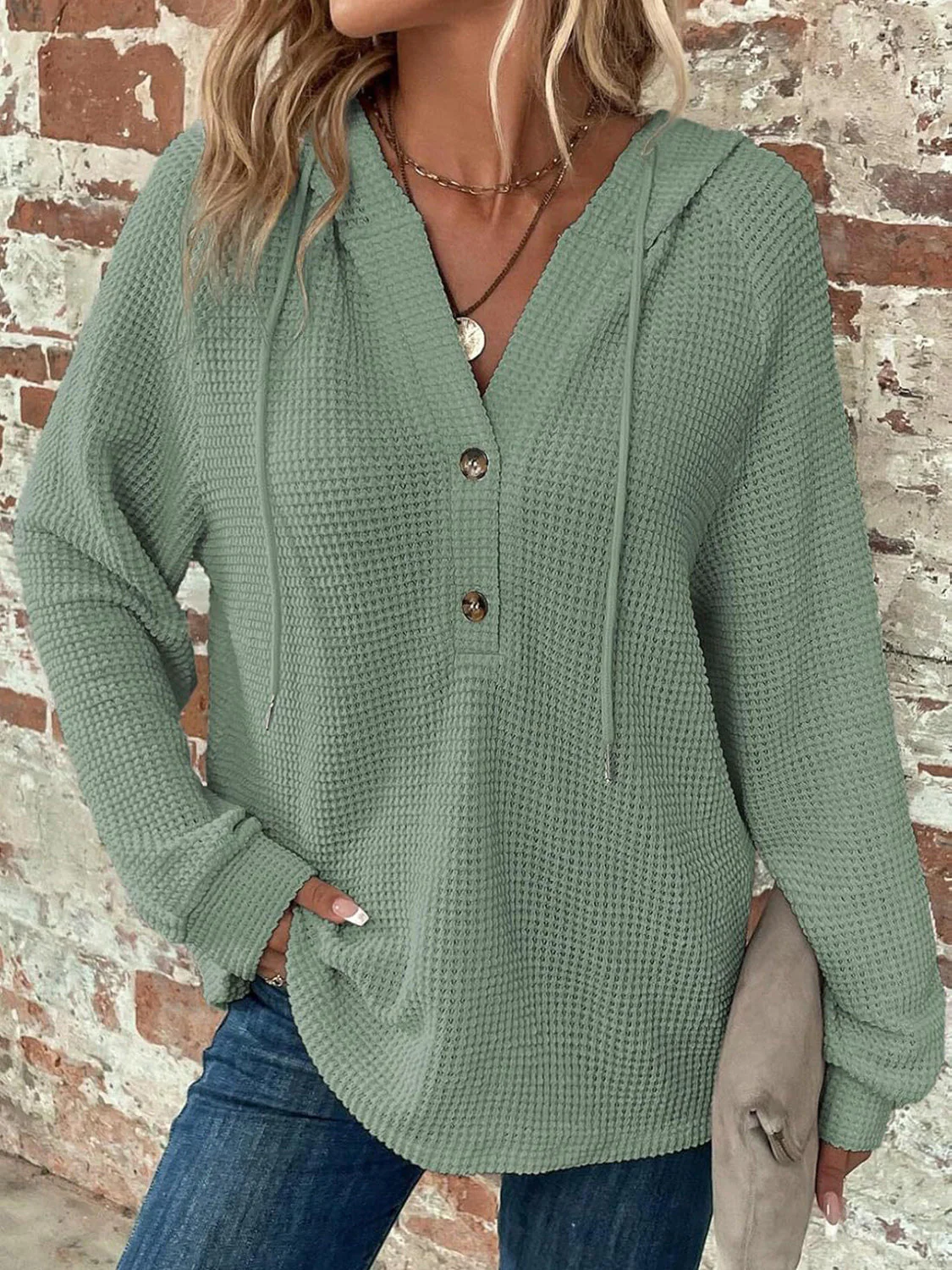 Waffle Knit Long Sleeve Drawstring Hooded Top - Image 26