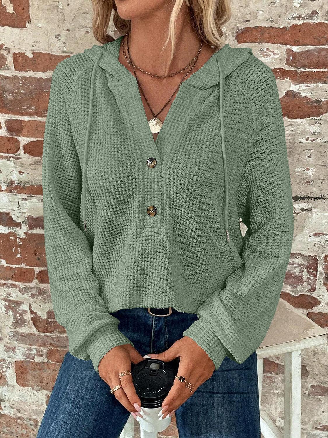 Waffle Knit Long Sleeve Drawstring Hooded Top - Image 27