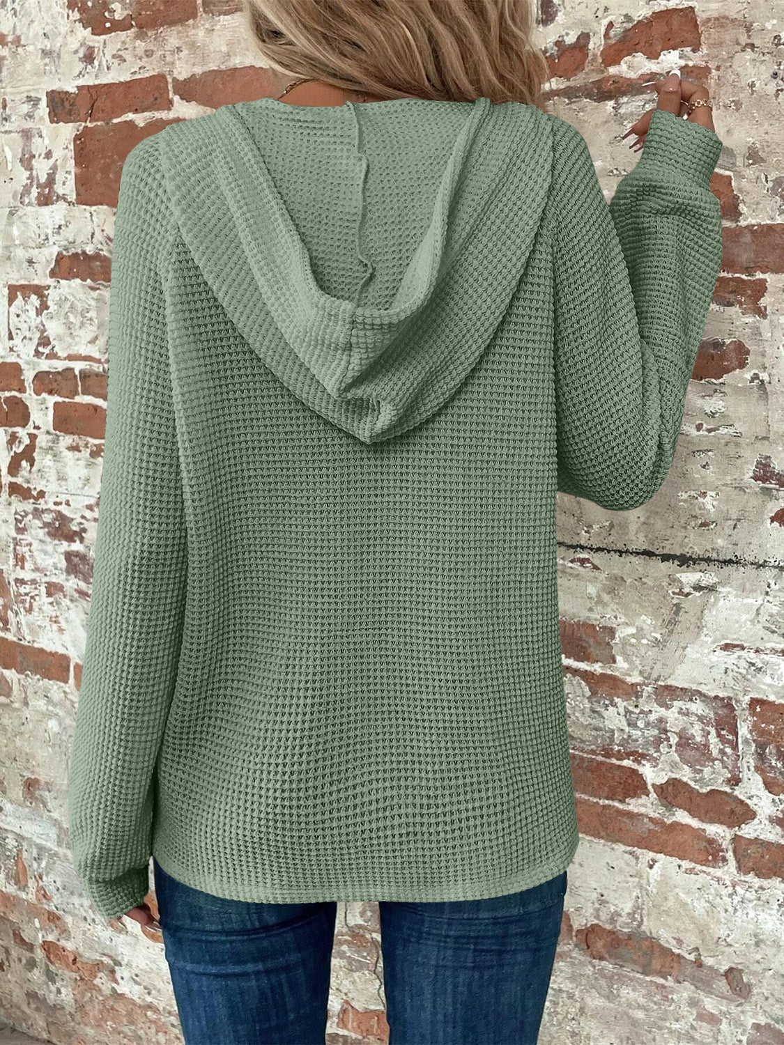 Waffle Knit Long Sleeve Drawstring Hooded Top - Image 28