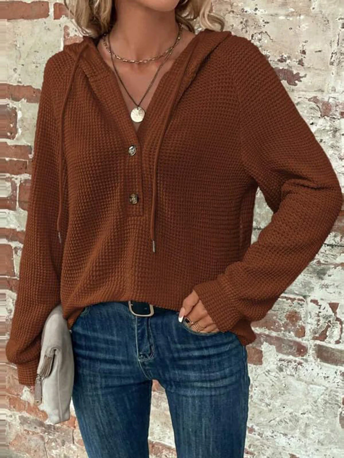 Waffle Knit Long Sleeve Drawstring Hooded Top - Image 29