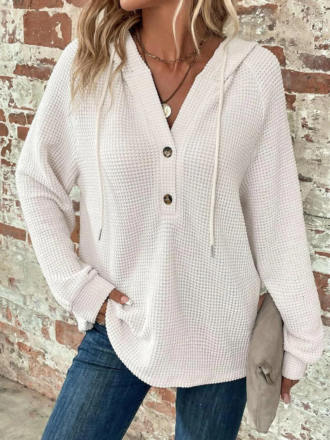 Waffle Knit Long Sleeve Drawstring Hooded Top - Image 3