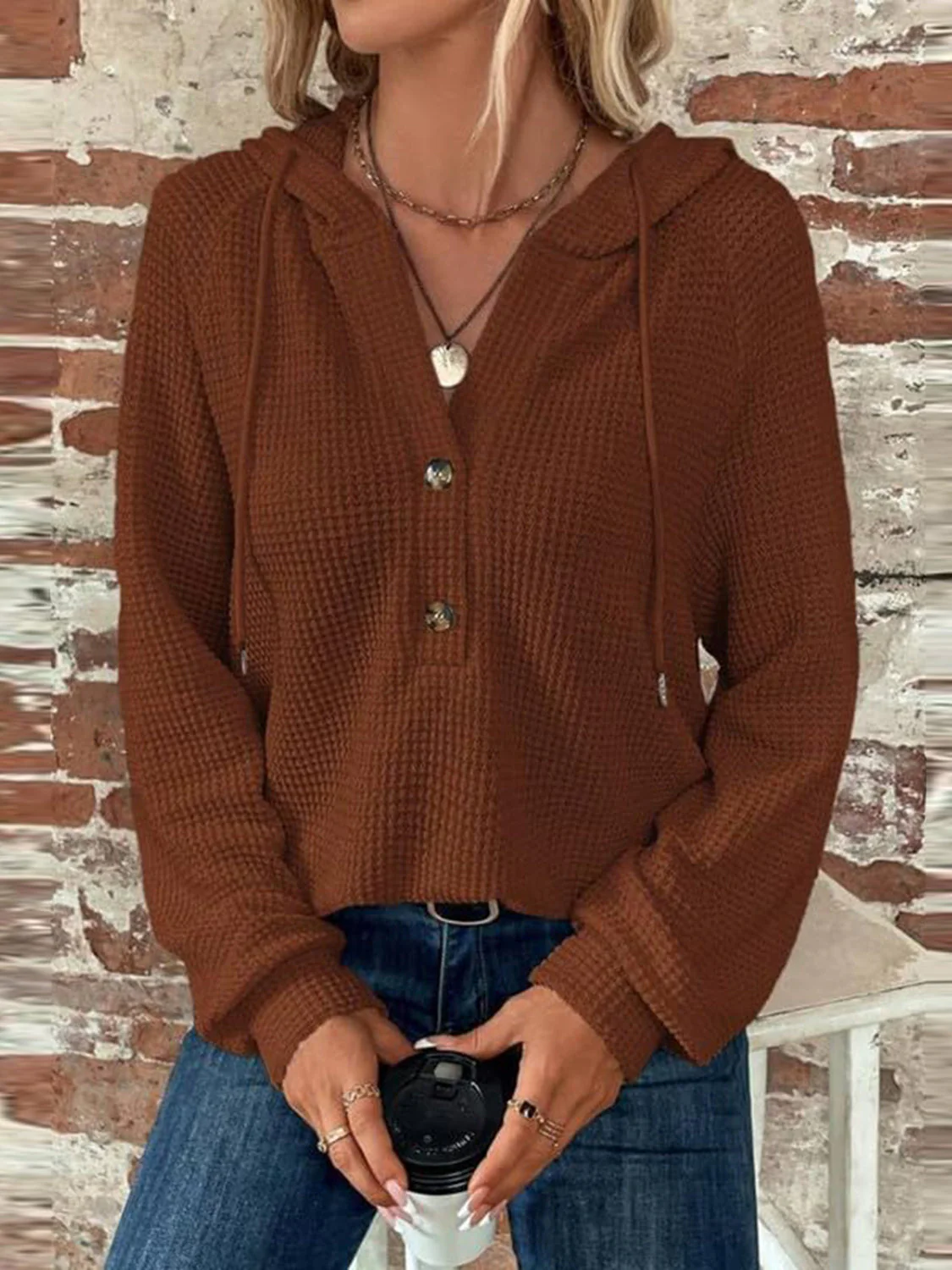 Waffle Knit Long Sleeve Drawstring Hooded Top - Image 30