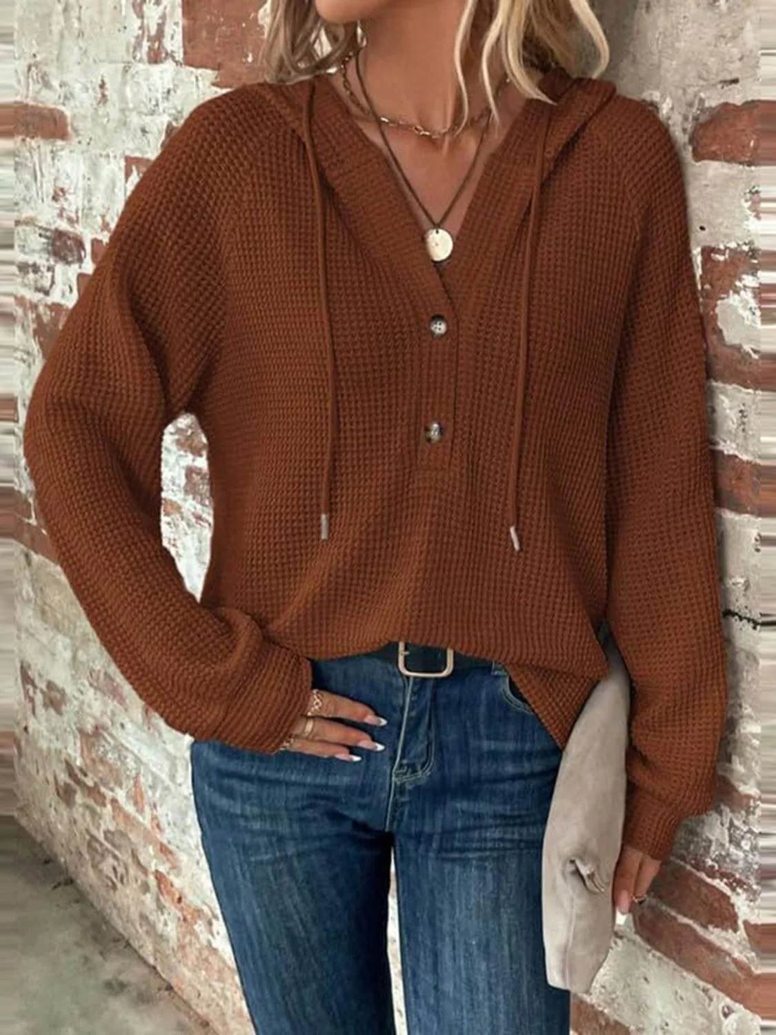 Waffle Knit Long Sleeve Drawstring Hooded Top - Image 31