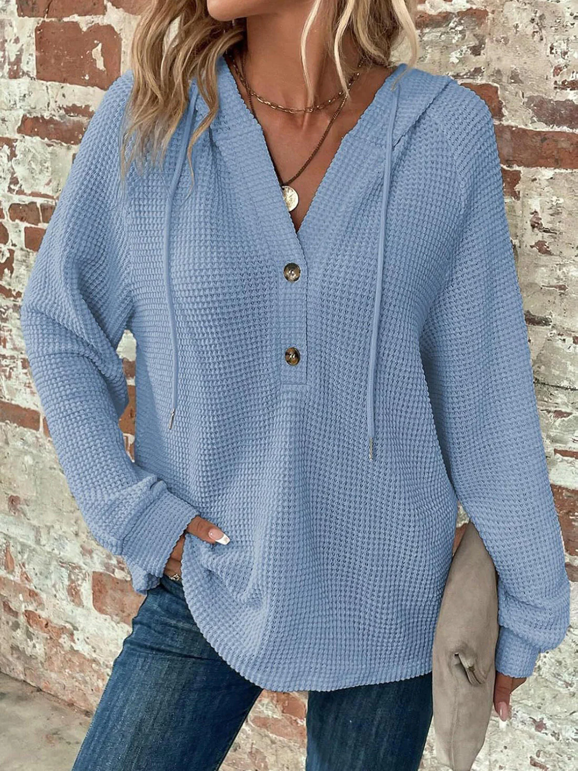 Waffle Knit Long Sleeve Drawstring Hooded Top - Image 32