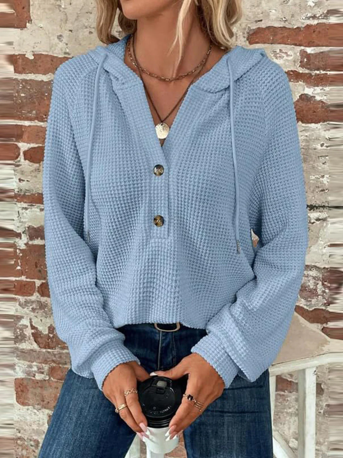Waffle Knit Long Sleeve Drawstring Hooded Top - Image 33