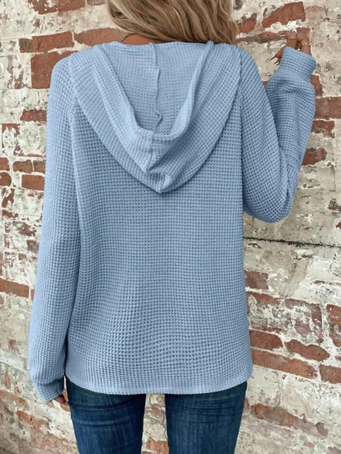 Waffle Knit Long Sleeve Drawstring Hooded Top - Image 34