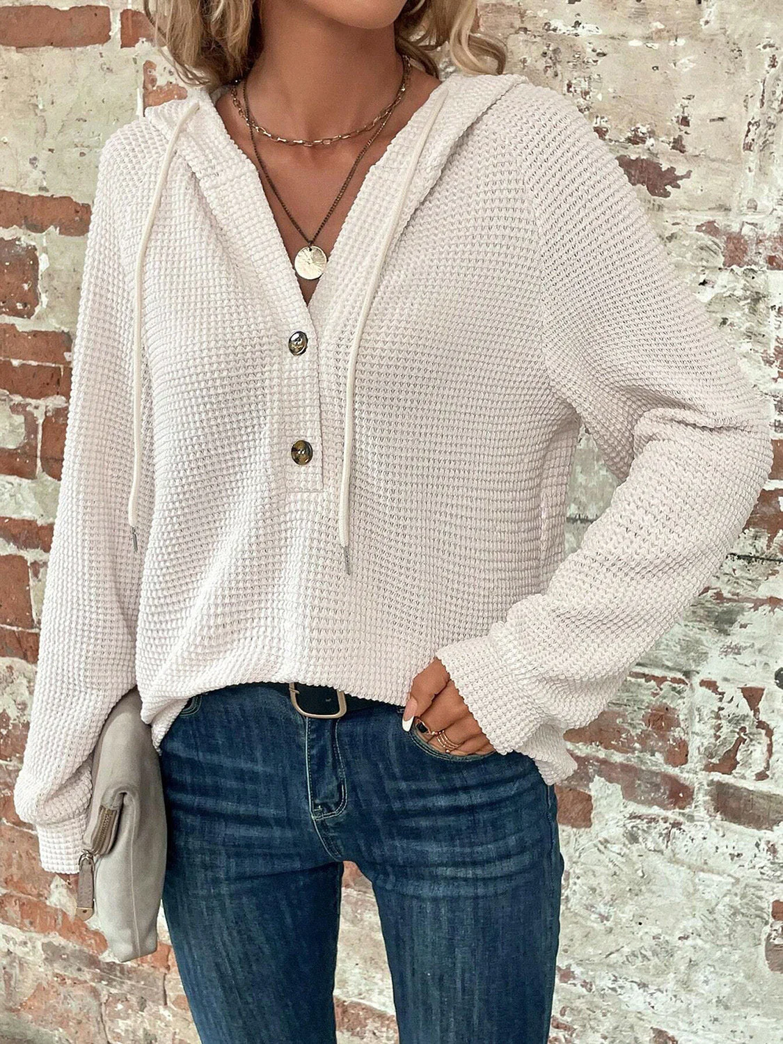 Waffle Knit Long Sleeve Drawstring Hooded Top - Image 4