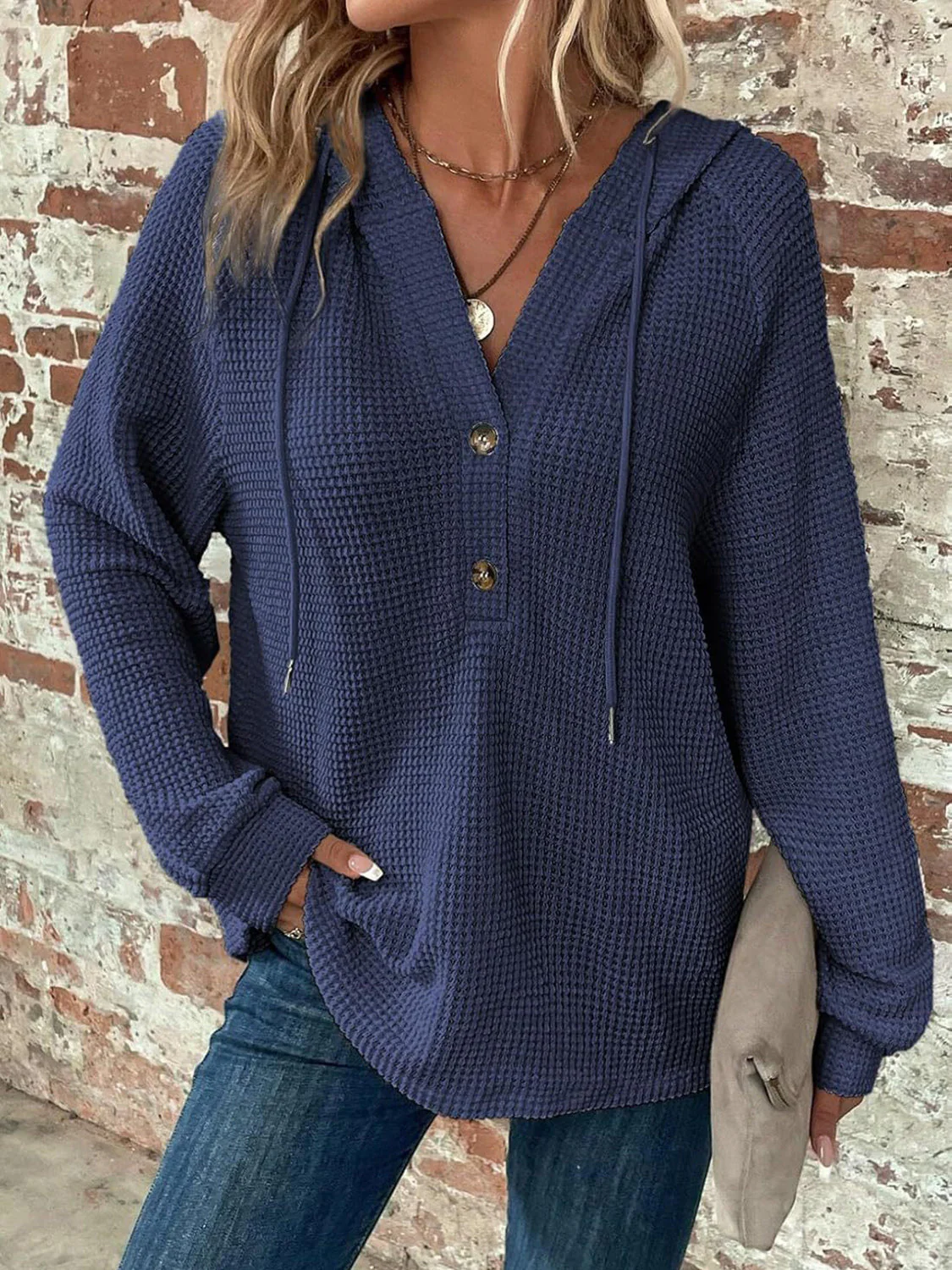 Waffle Knit Long Sleeve Drawstring Hooded Top - Image 5