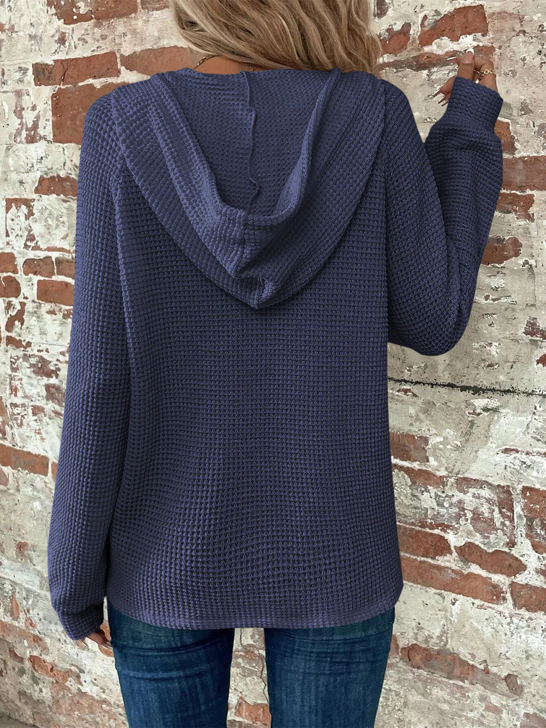 Waffle Knit Long Sleeve Drawstring Hooded Top - Image 7