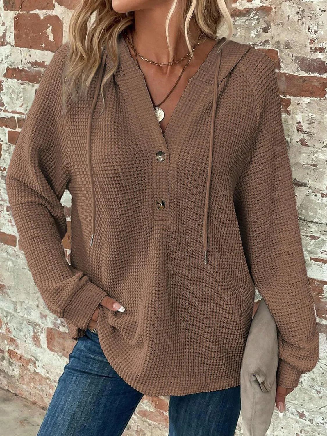 Waffle Knit Long Sleeve Drawstring Hooded Top - Image 8