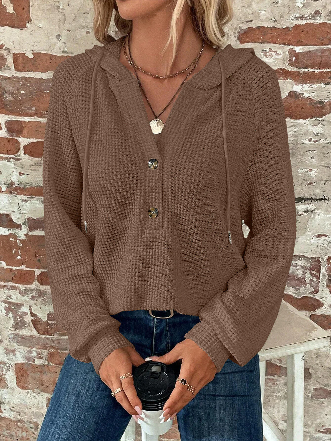 Waffle Knit Long Sleeve Drawstring Hooded Top - Image 9