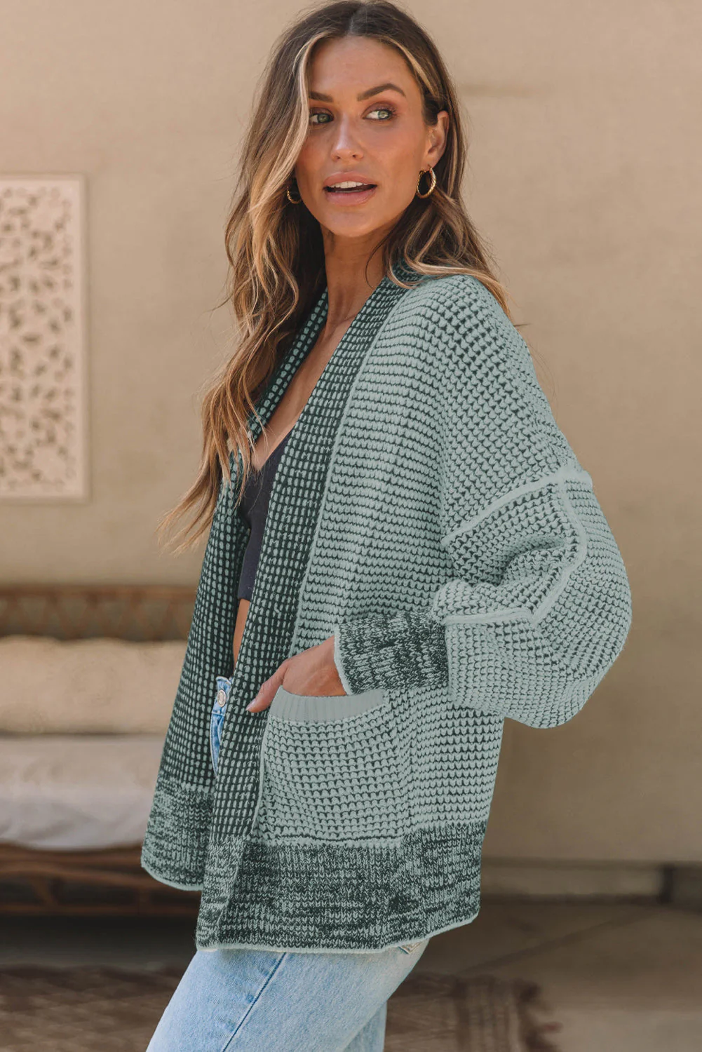 Waffle-knit Pocketed Open Front Cardigan - Image 10