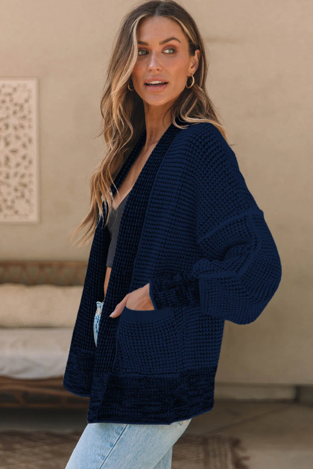 Waffle-knit Pocketed Open Front Cardigan - Image 14